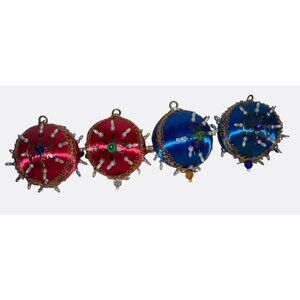 Handcrafted Red and Blue Satin Christmas Ornaments With Beads Set of 4